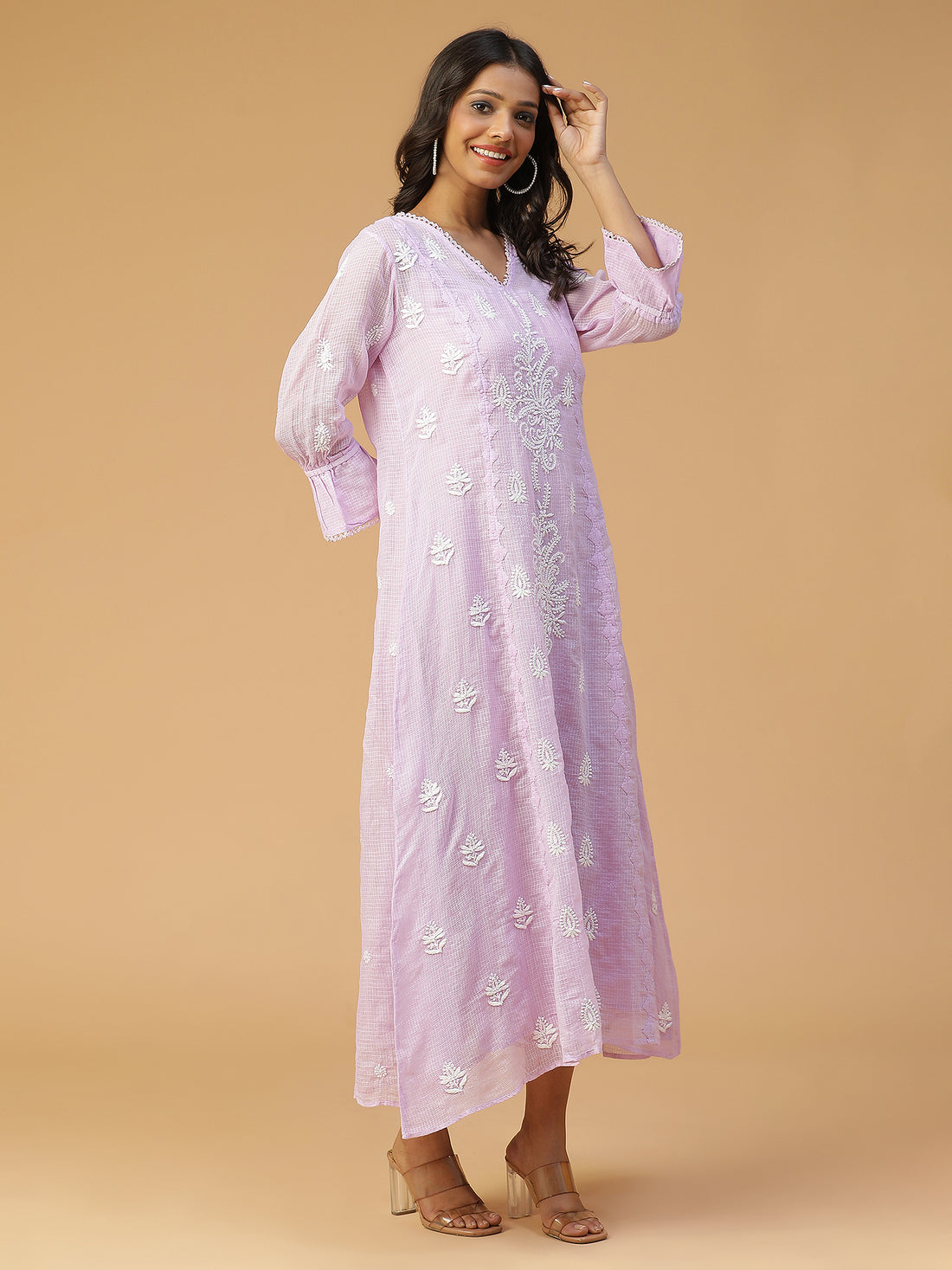 Chikankari A-line Kota Doria kurta with Applique work