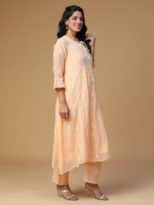 Semal Hand Embroidered Peach Glow Festive Mul Chanderi Chikankari Kurta Set