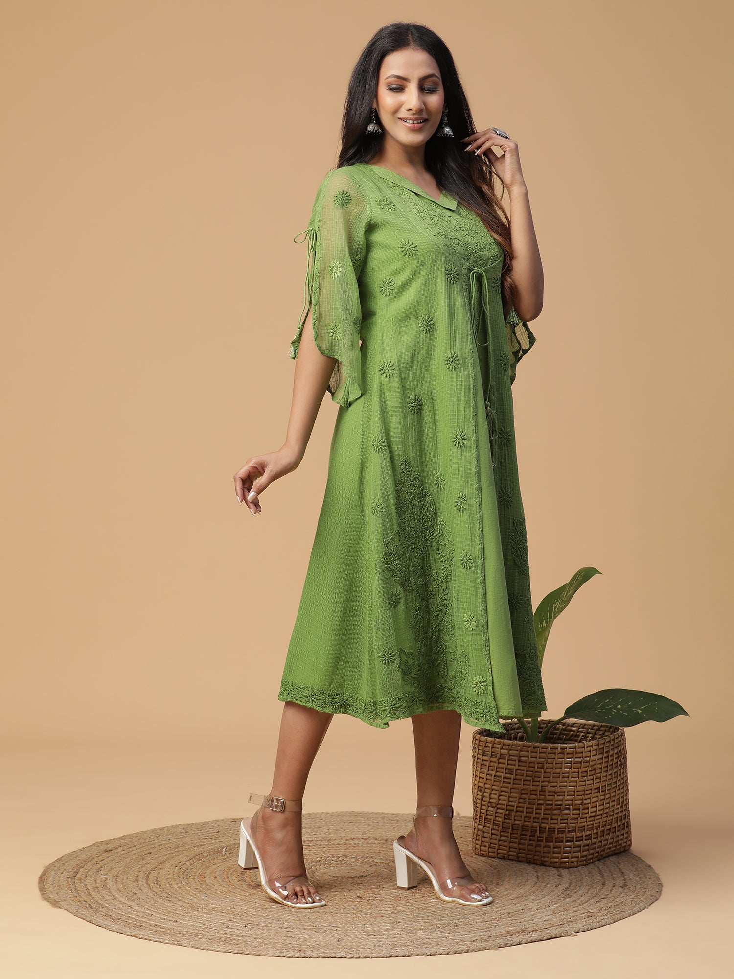 Chikankari cotton green dress with Kota doria attached shrug