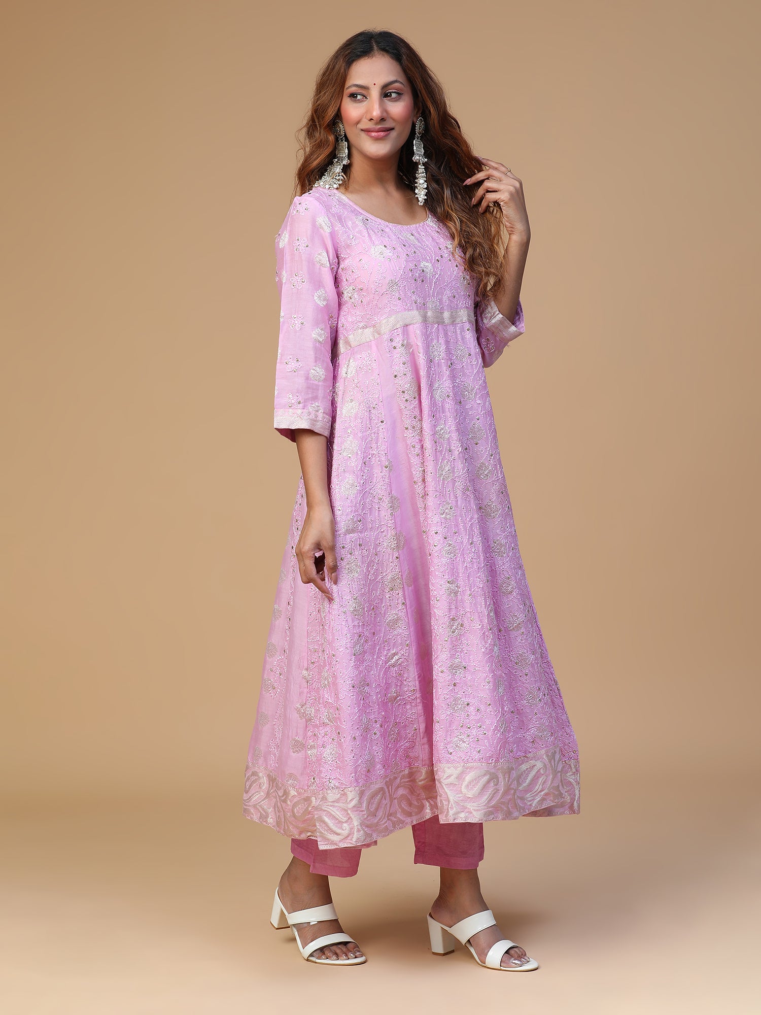 Semal Hand Embroidered Purple Banrasi Chanderi Lucknowi Chikankari Kali Kurta Set