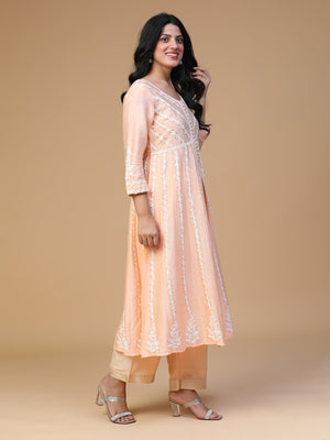 Semal Hand Embroidered Chanderi Silk  Peach Lucknow Chikankari Front Slit Kali Kurta With Mukaish Work