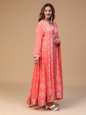 CHIKANKARI GEORGETTE PEACH KALI KURTA WITH DUPATTA SET