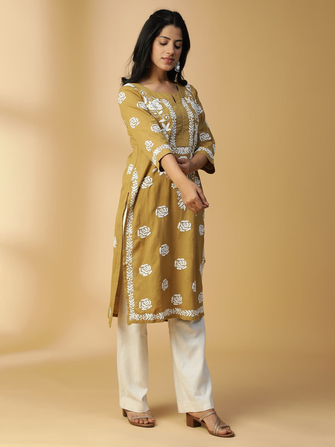 HAND EMBROIDERED DARK BEIGE COTTON LUCKNOWI CHIKANKARI STRAIGHT KURTA CH0152