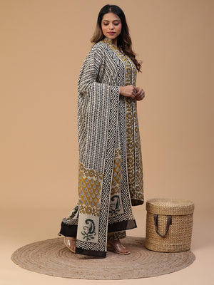 Hand Block Printed Olive Green Straight Front Slit Kurta With Pants and Dupatta Set Blk_009