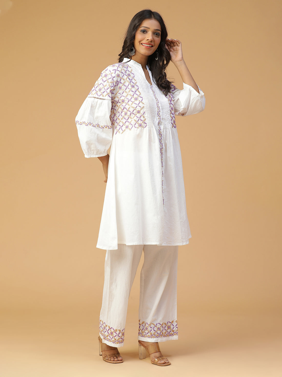 Chikankari front open kurta with jaali lace Detailing Co-Ord Set