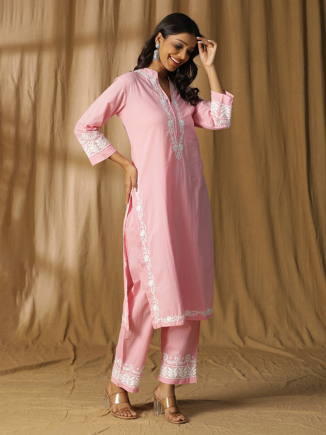 Chikankari Pink Candy Mandarin Cotton Kurta Set