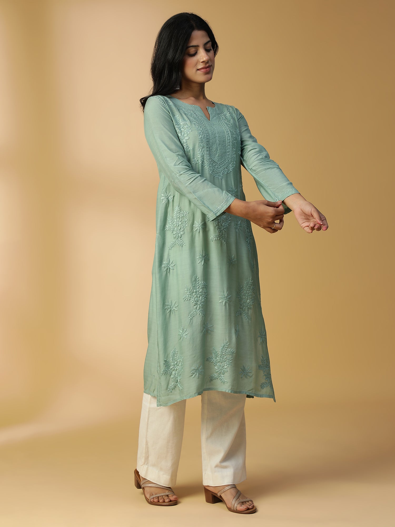 Hand Embroidered Lucknow Chikankari Straight Basil Green Muslin Kurta CH0169