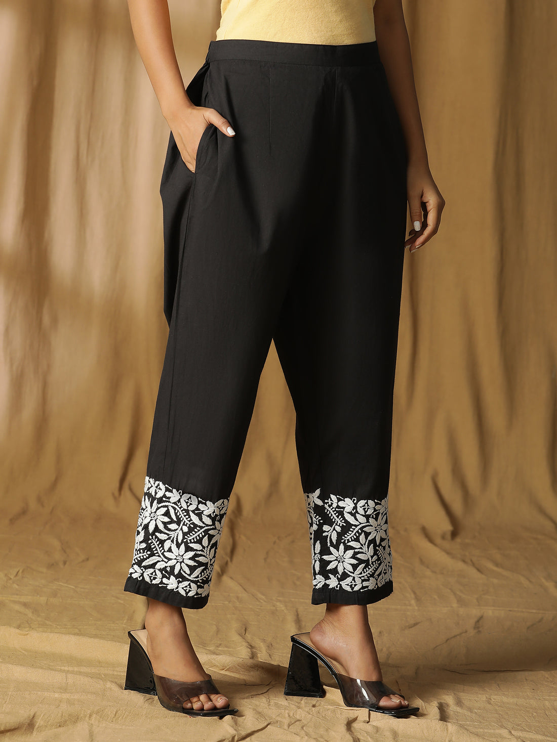 Chikankari Hand-Embroidered Cotton Black pants with pocket