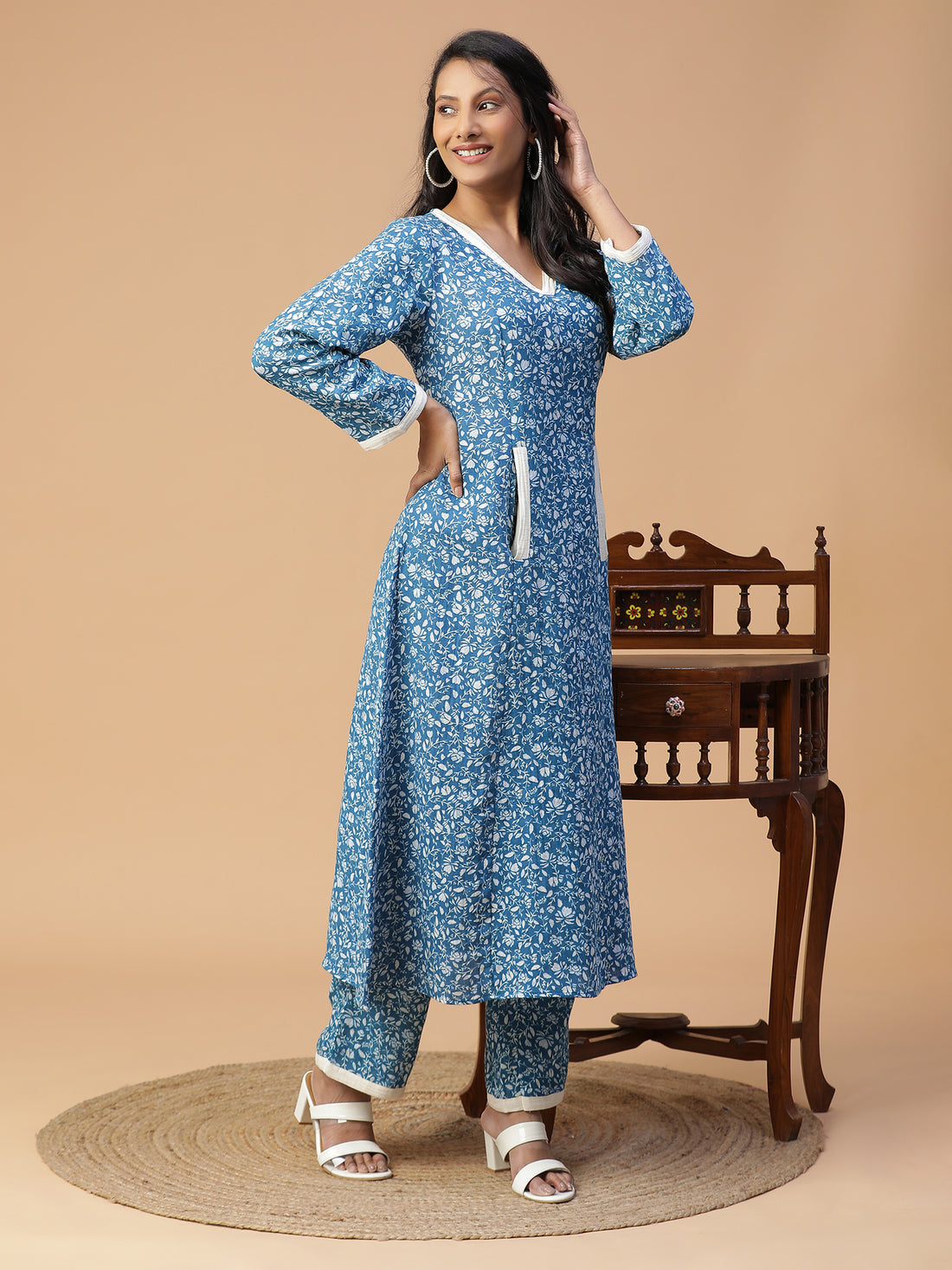 TEAL COTTON PRINTED KURTA SET