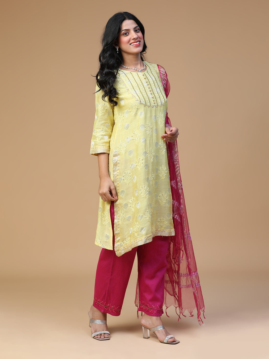 Semal Hand Embroidered Banarsi Chanderi Yoke A-Line Lucknow Chikankari Kurta with Dupatta Set