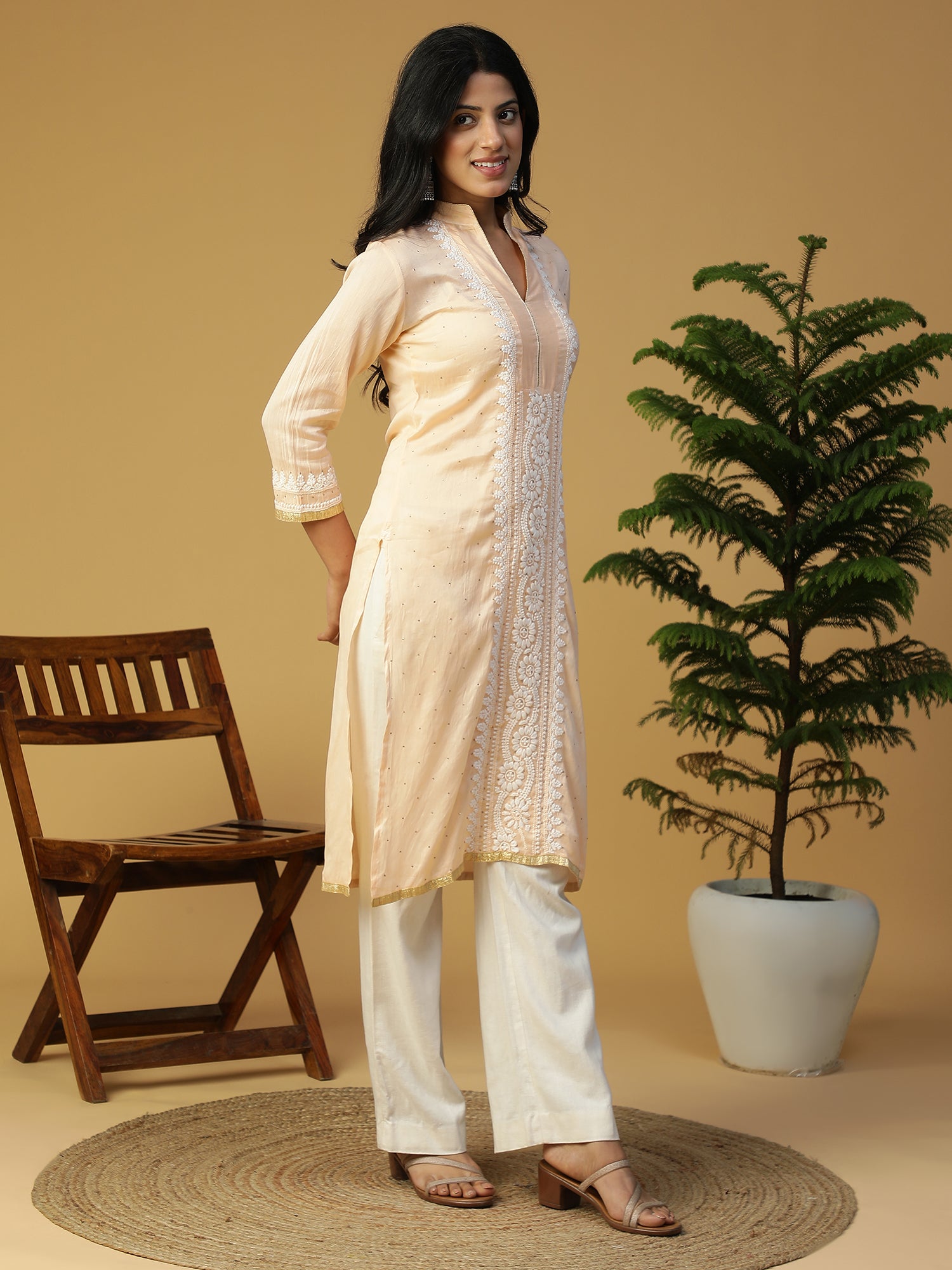 Hand Embroidered Peach Lucknowi Chikankari Chanderi kurta with Mukaish work CH0020B