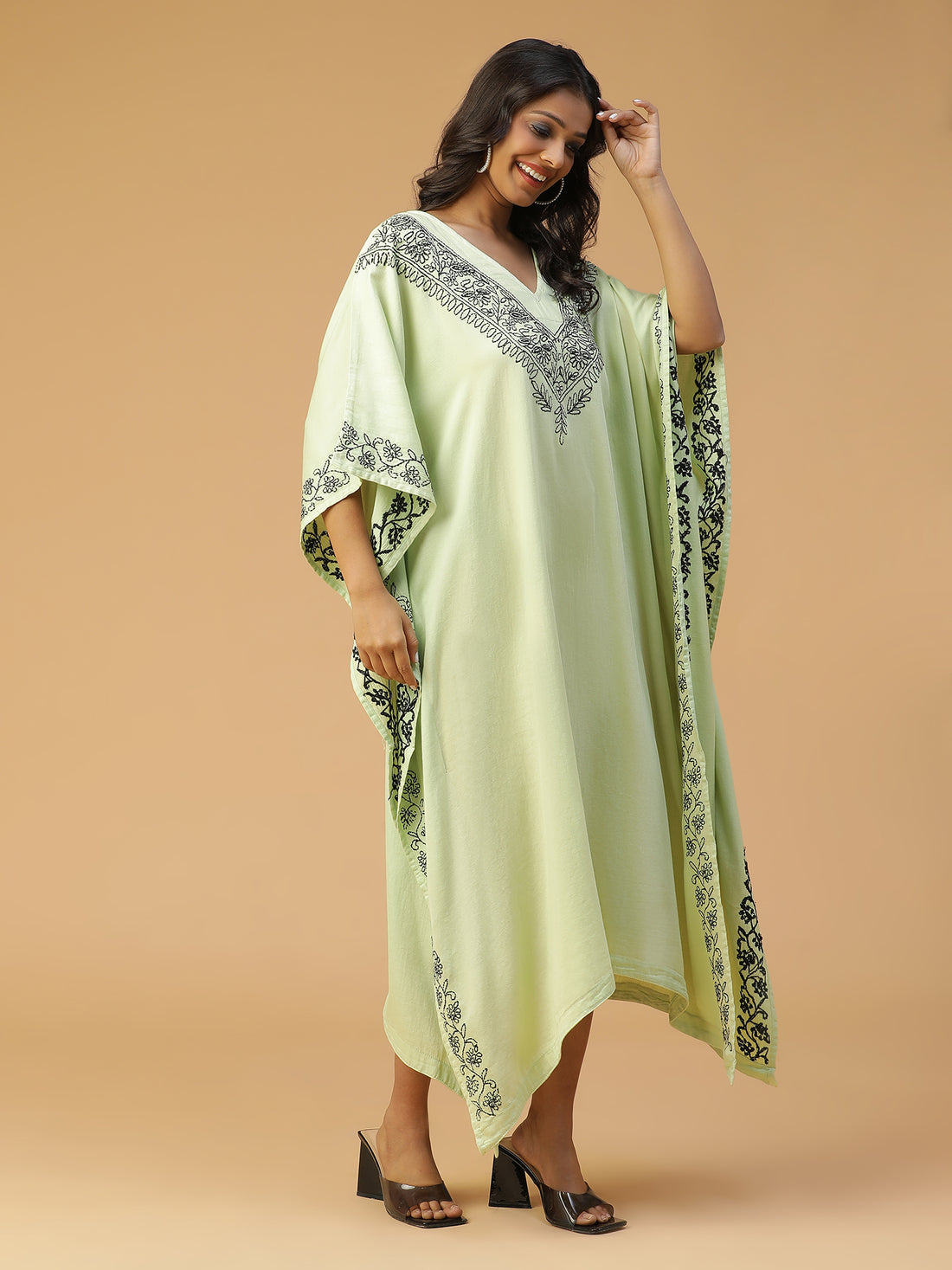 Cotton Chikankari Kaftan in Ghiya Color