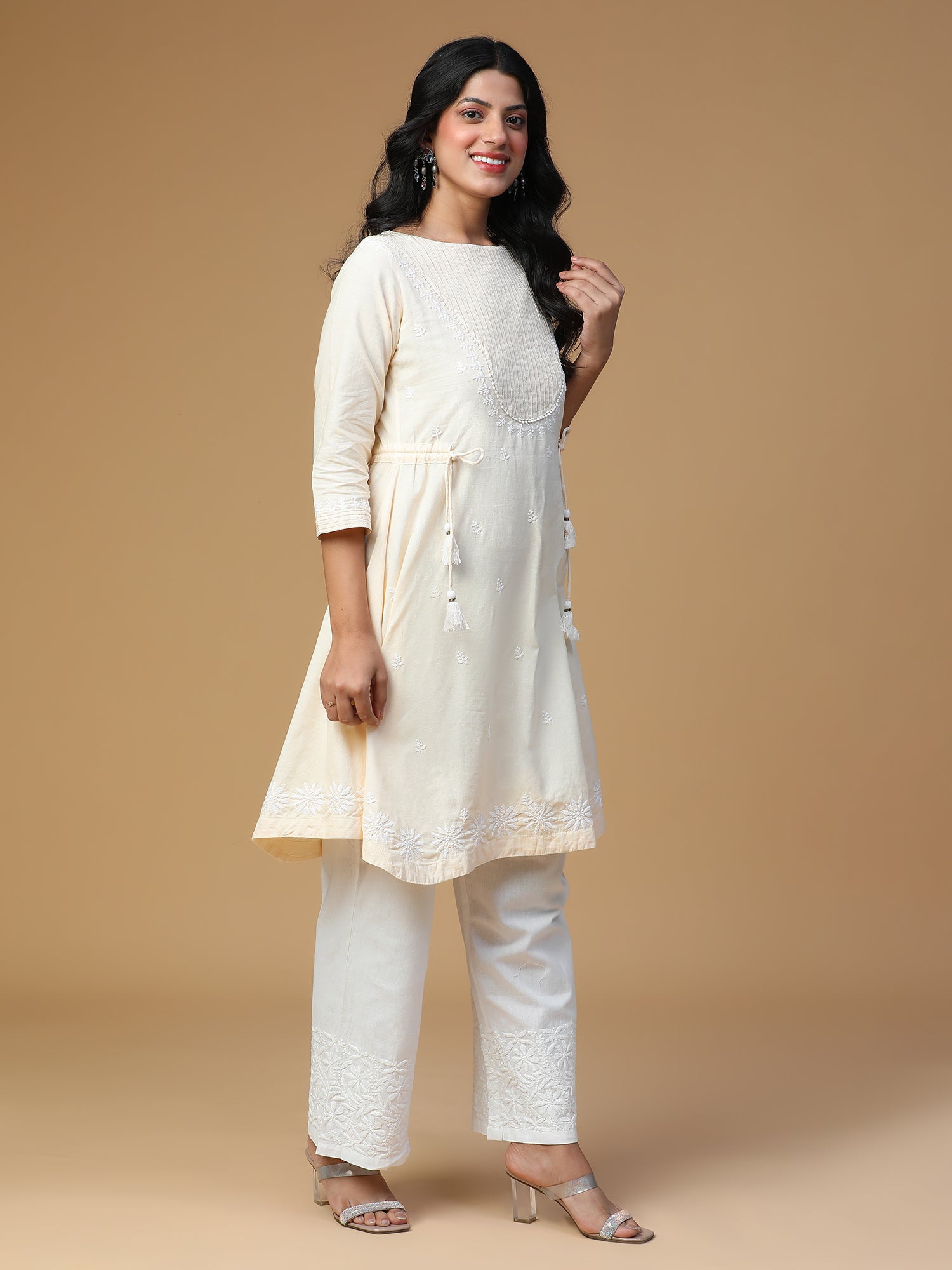 Semal Hand Embroidered Light Beige Cotton Linen Kasab Pintuck Lucknow Chikankari Tunic