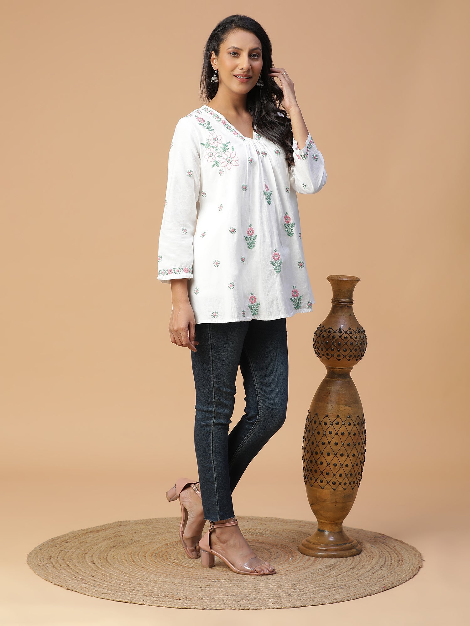 Timeless Elegance Lucknow Chikankari Cotton V-Neck Gathered Top