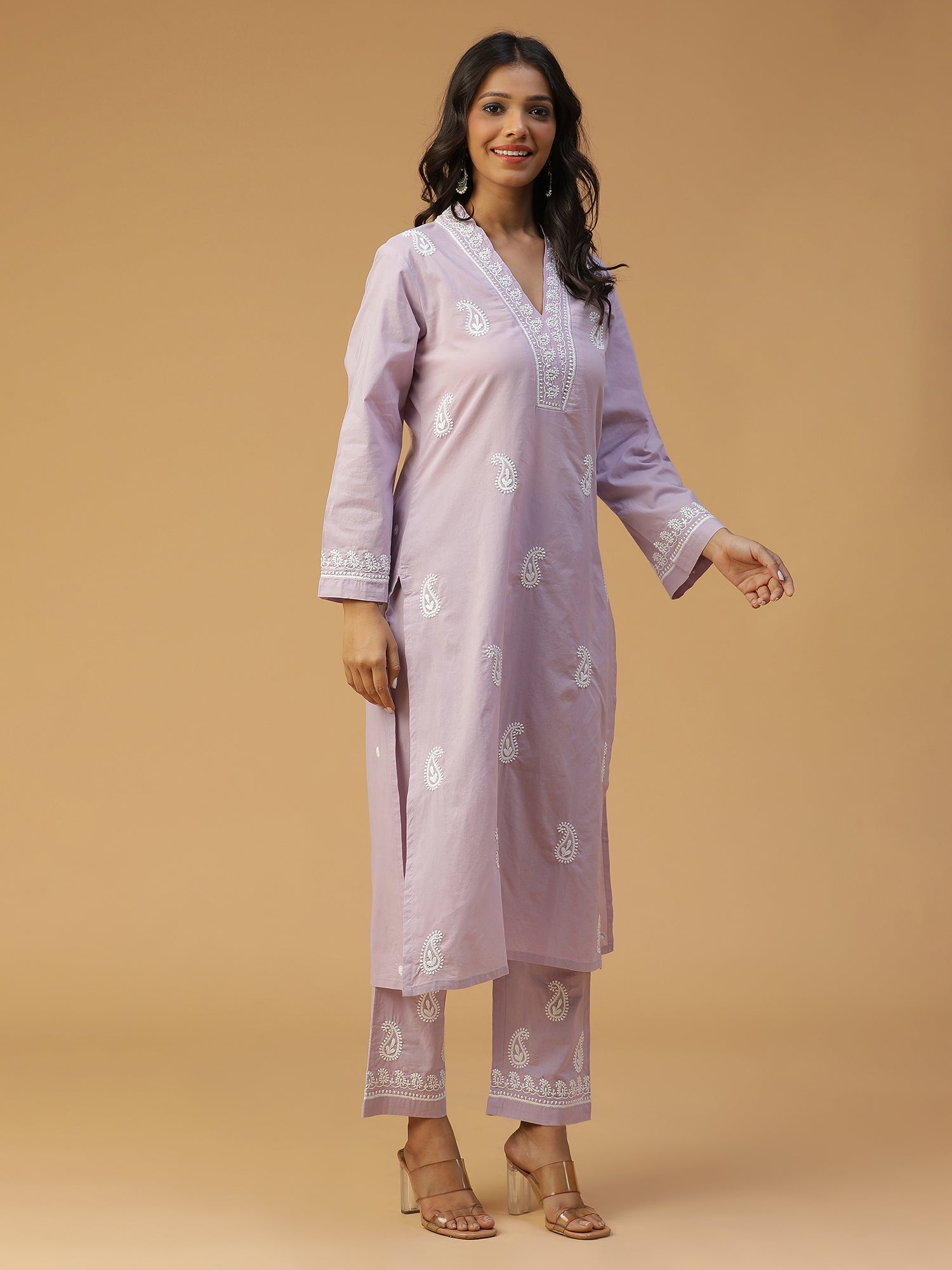 Lavender Bliss Comfortable Cotton Overlap V-Neck Chikankari Kurta Set