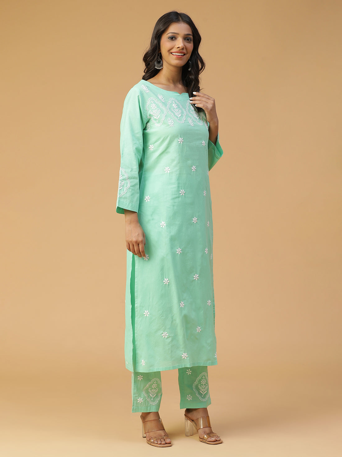 Semal Soft Cotton Boat Neck Chikankari Kurta Set in Tranquil Green