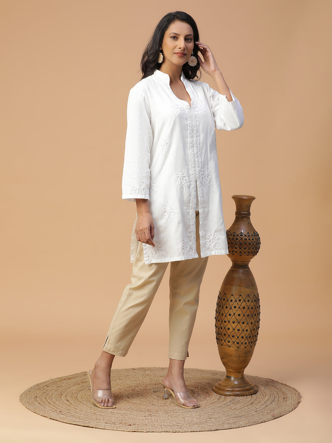 Chikankari cotton linen long shirt kurta with mukaish work