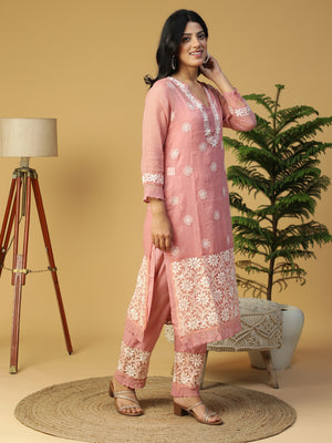 Hand Embroidered Lucknowi Chikankari Straight with Organza Border Kota Kurta With Pants CH0229/0125