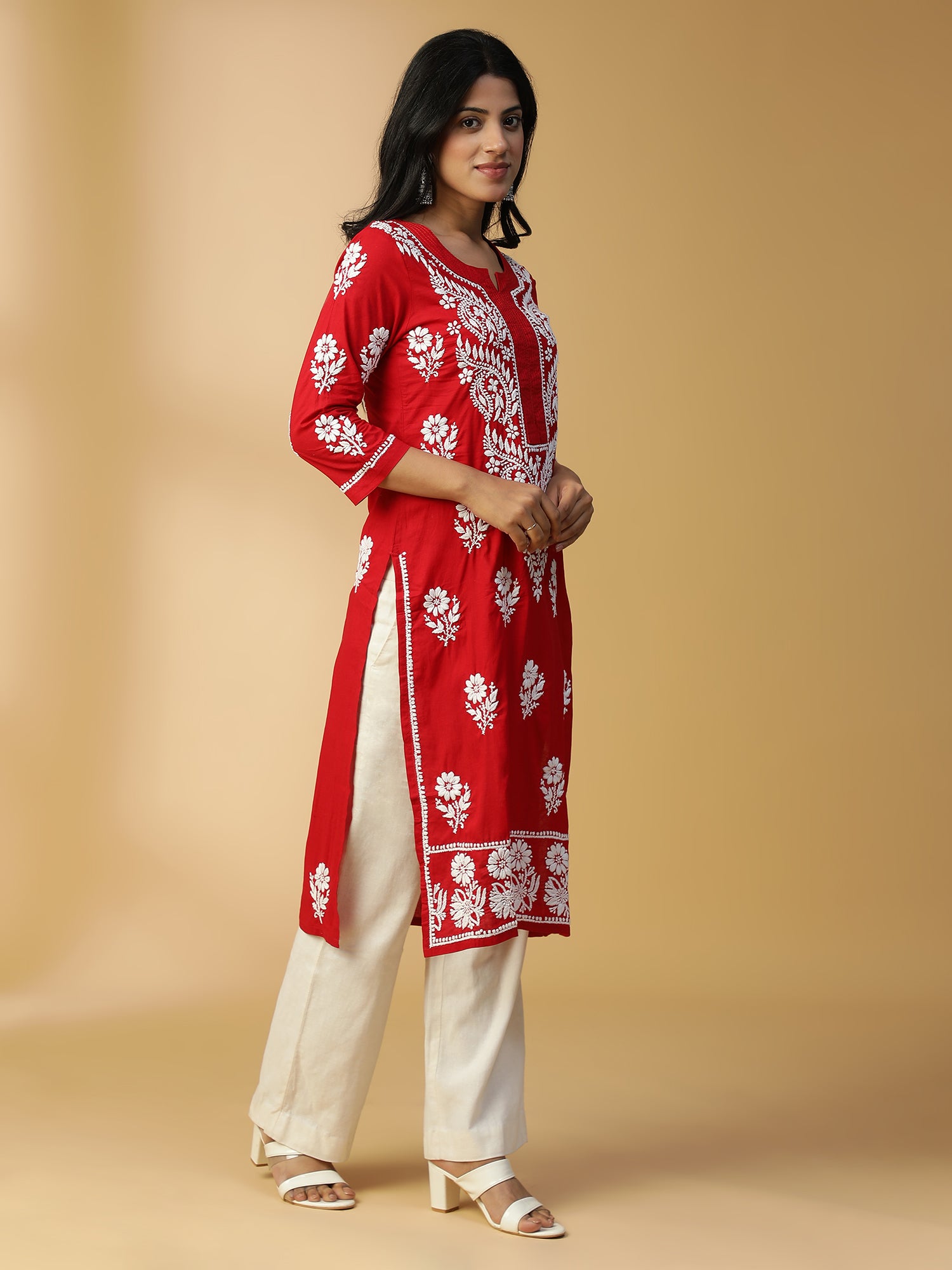 Hand Embroidered Graceful Red Lucknowi Chikankari Cotton Straight Kurta CH0154