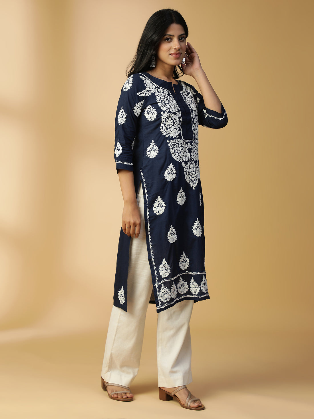 Hand Embroidered Graceful Navy Blue Chikankari Cotton Straight Lucknowi Kurta CH0155