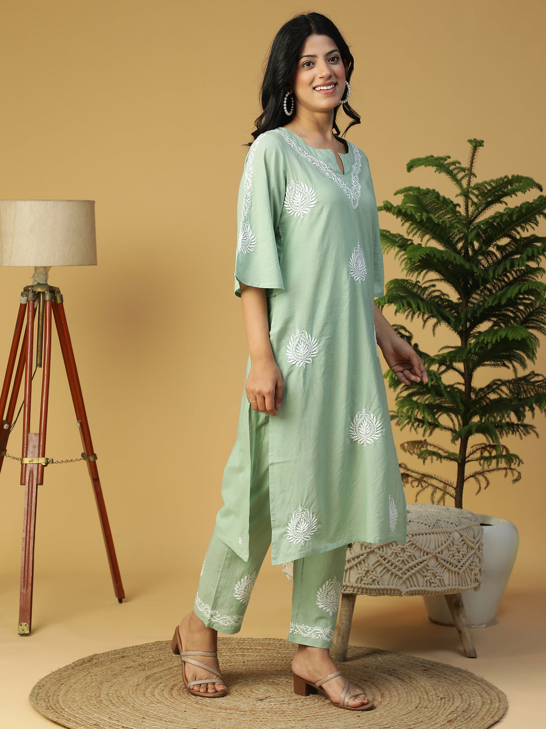 Hand Embroidered Basil Green Cotton Lucknowi Chikankari Yoke Design Kurta With Pants CH0247