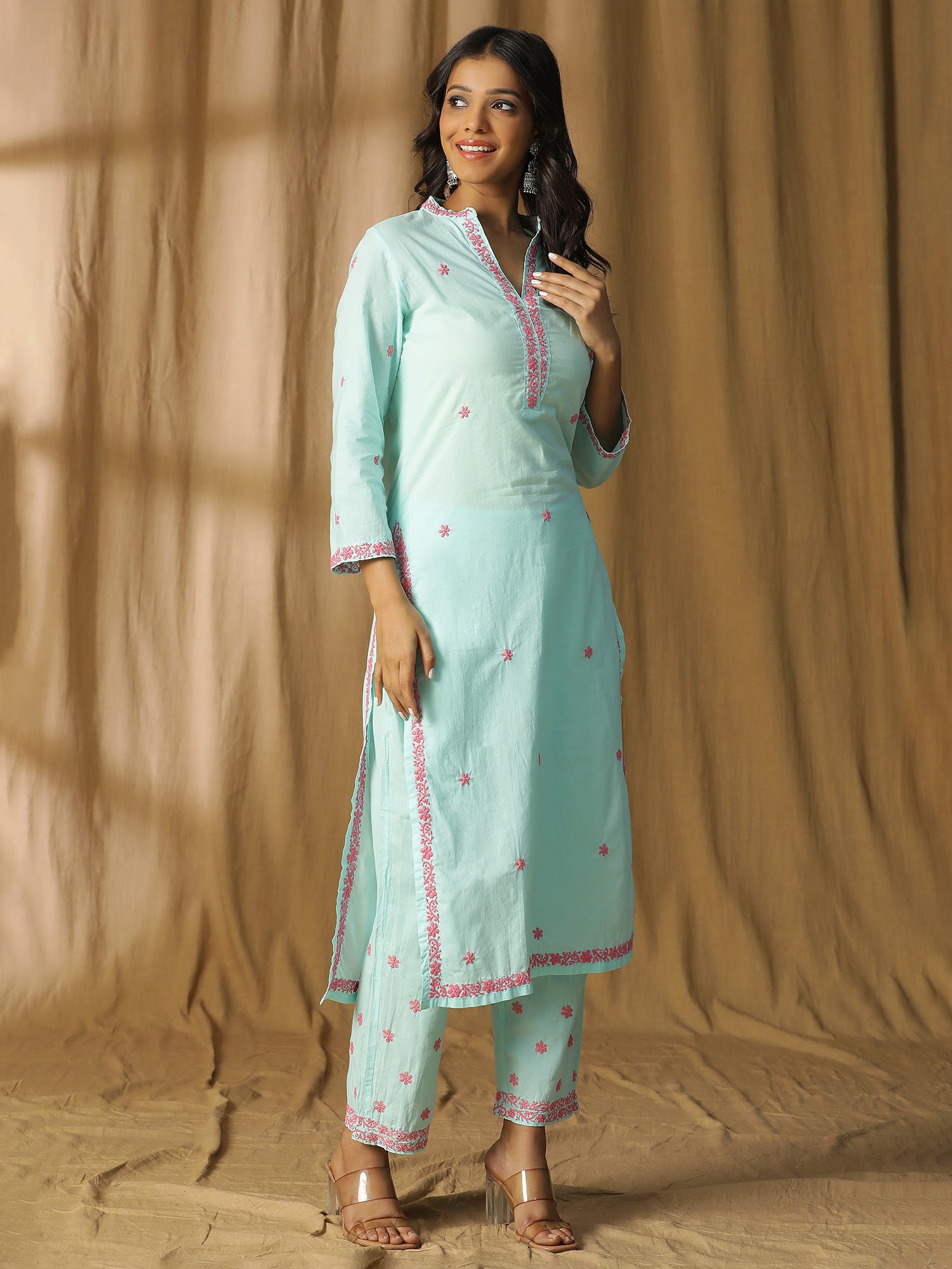 Overlap V-Neck and Straight Kurta Set in Soft Blue with Pink Chikankari