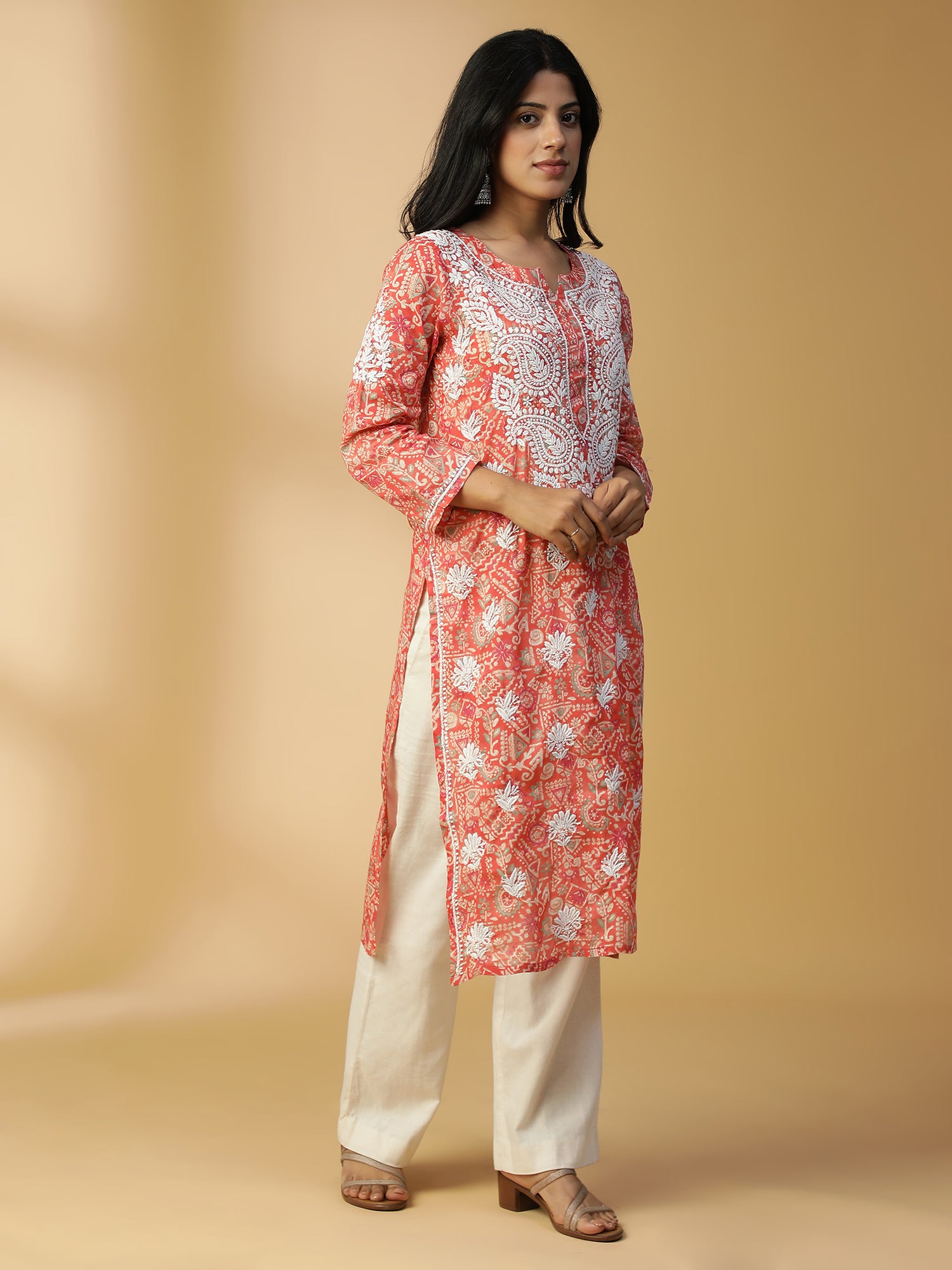 HAND EMBROIDERED ROSE PINK COTTON LUCKNOWI CHIKANKARI PRINTED KURTA CH0157