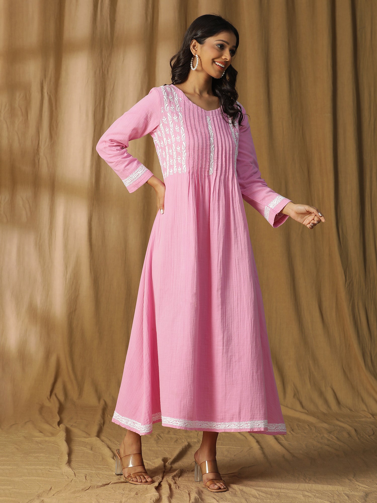 Soft Petal Elegance Chikankari Cotton Long Dress in Pink