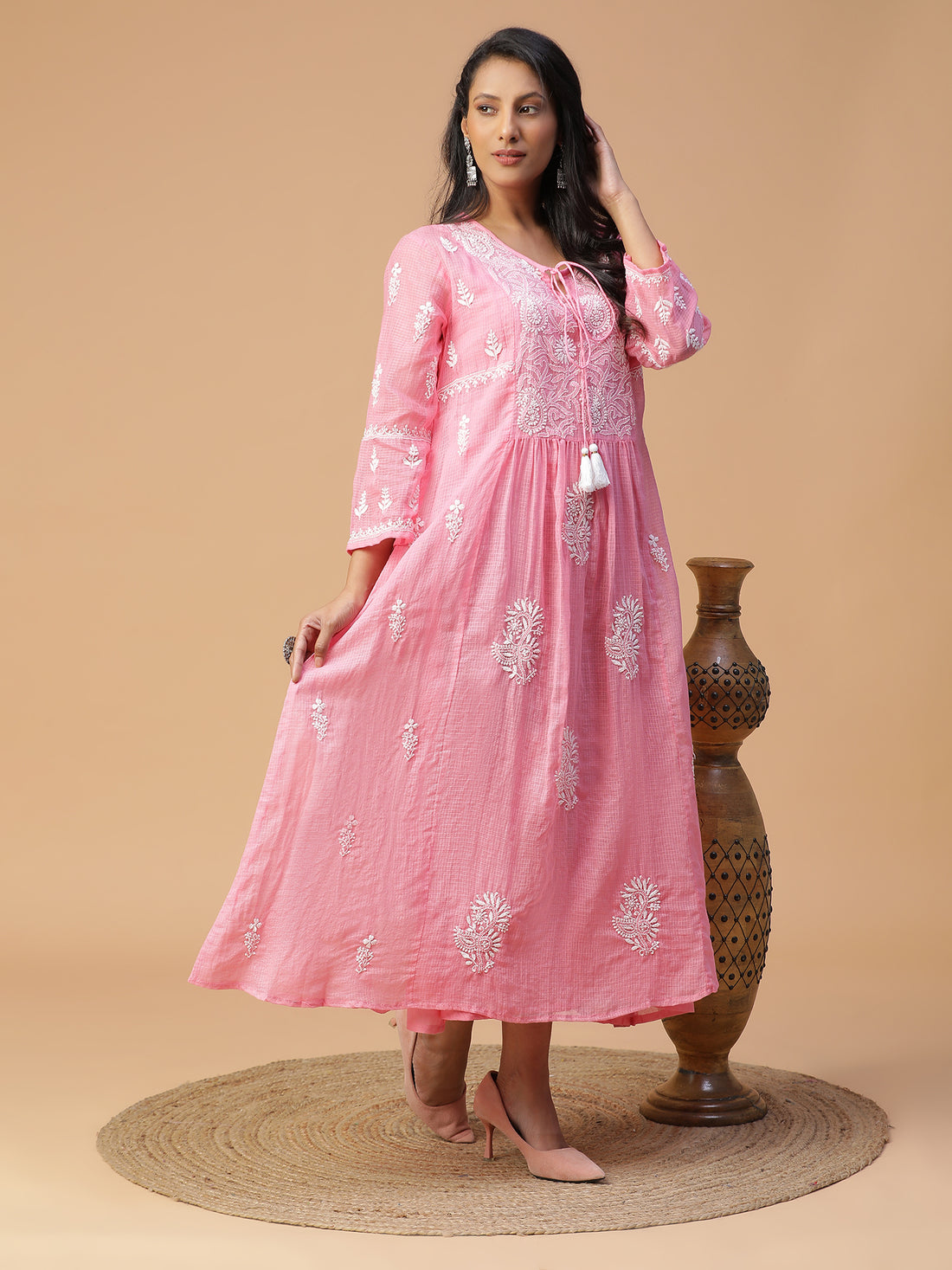 Chikankari Pink Kota Cotton Kurta with Neck Dori Delight