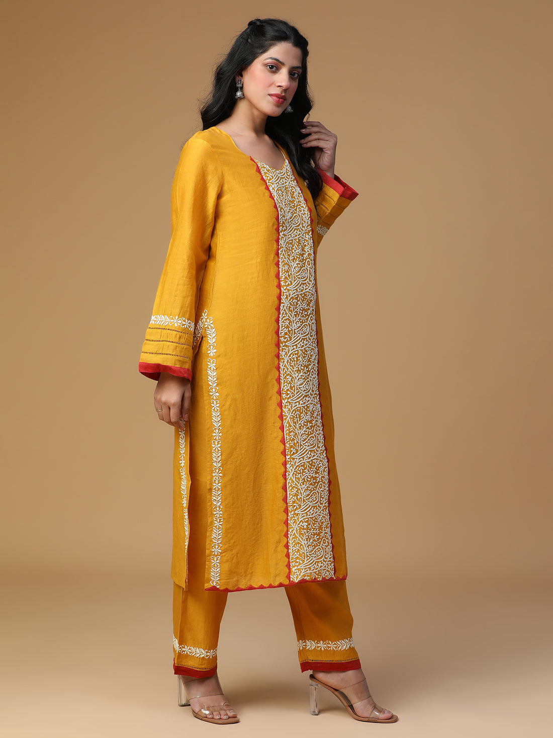 Chikankari Applique work detailing Chanderi Silk Kurta Set