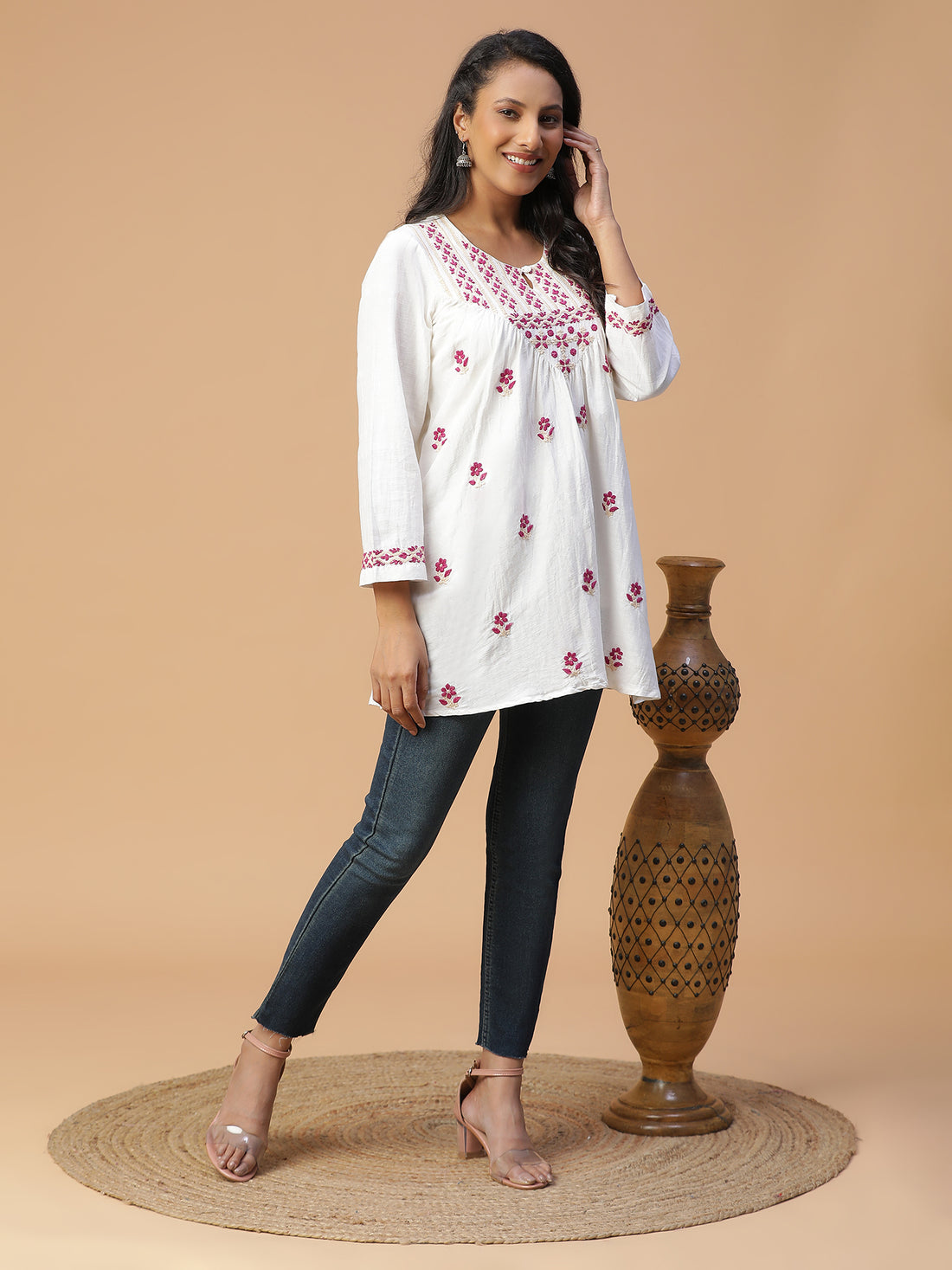 Chikankari cotton linen round neck with loop button V-yoke gather top