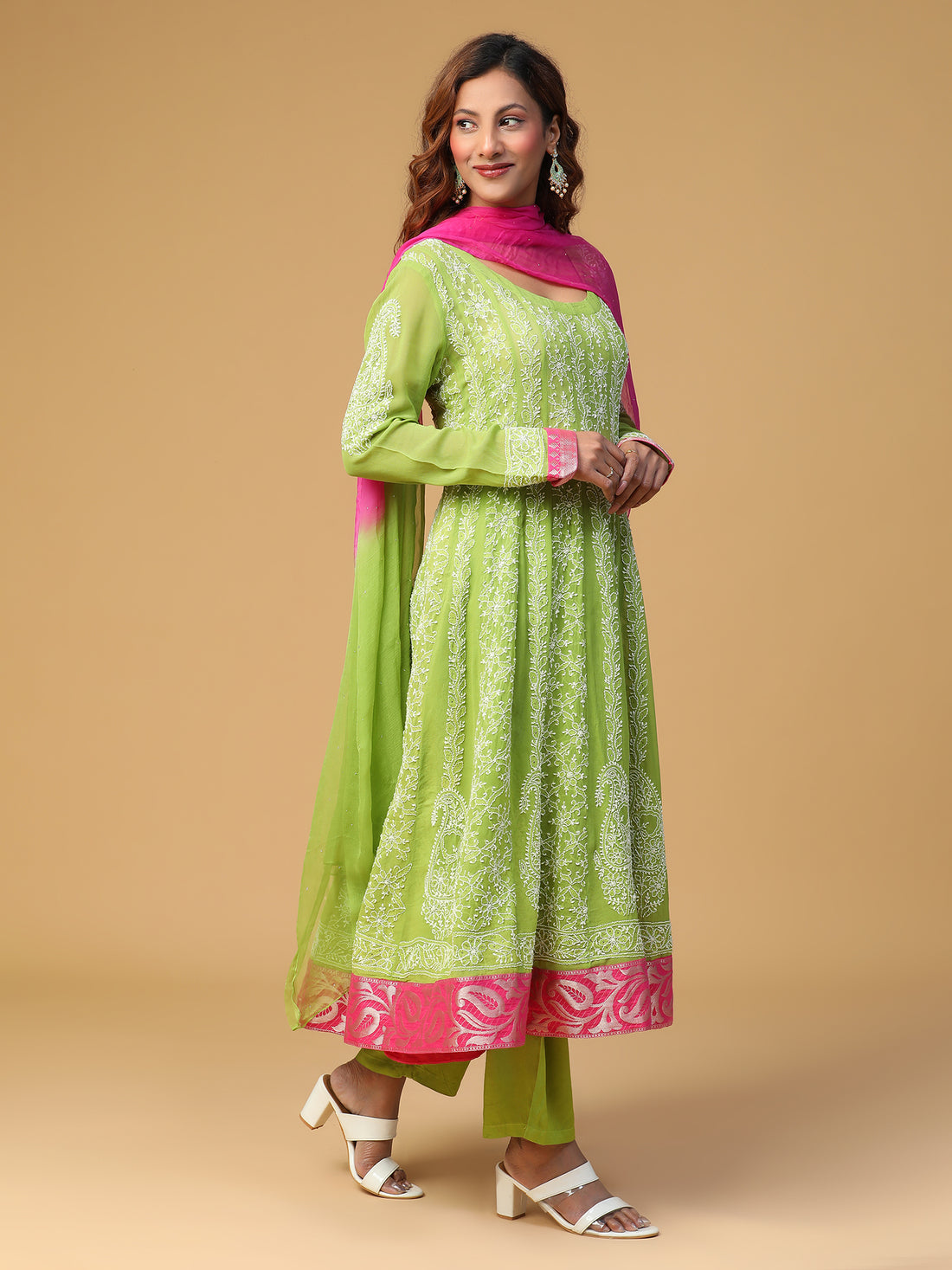 Semal Hand Embroidered Georgette Parrot Green Anarkali Chikankari Kurta with Dupatta Set