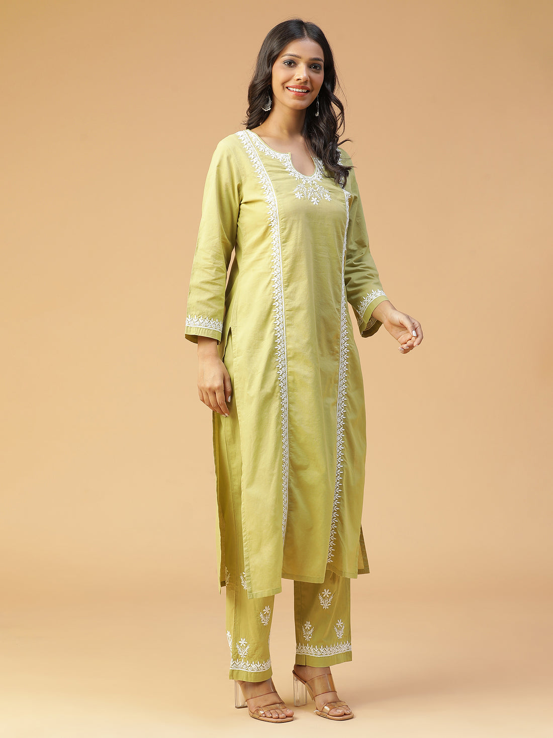 Soft and Comfortable Cotton Lucknow Chikankari Kurta Set in Olive Green