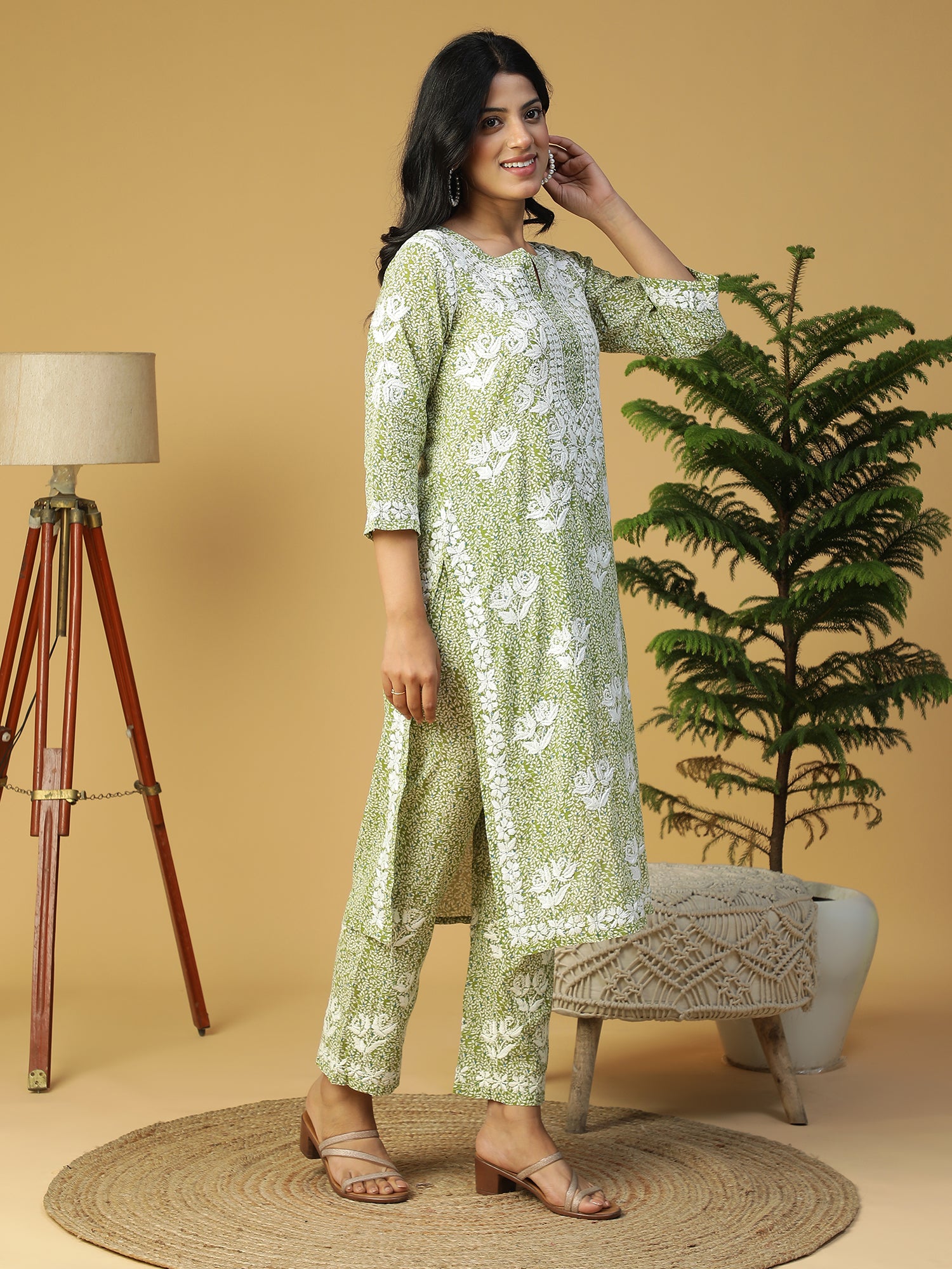 Semal Hand Embroidered Olive Green Printed Mul Cotton Lucknowi Chikankari Straight Kurta With Pants CH0173