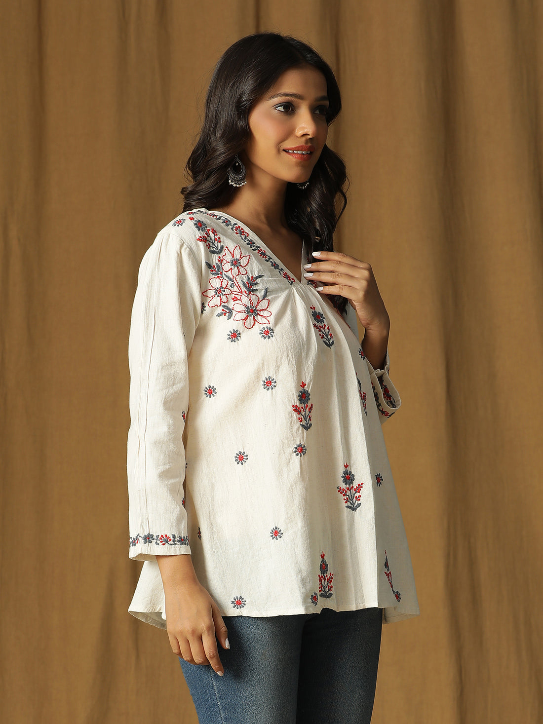 Chikankari Pintuck Sleeves Cotton Top