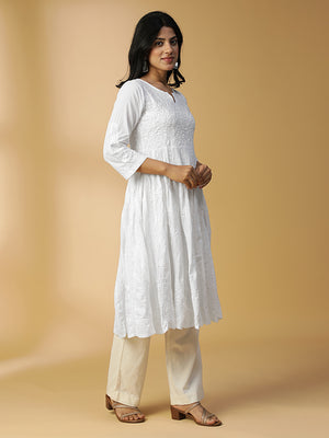 Hand Embroidered Lucknowi Chikankari Cotton Kali White Kurta with Mukaish Work CH0217A