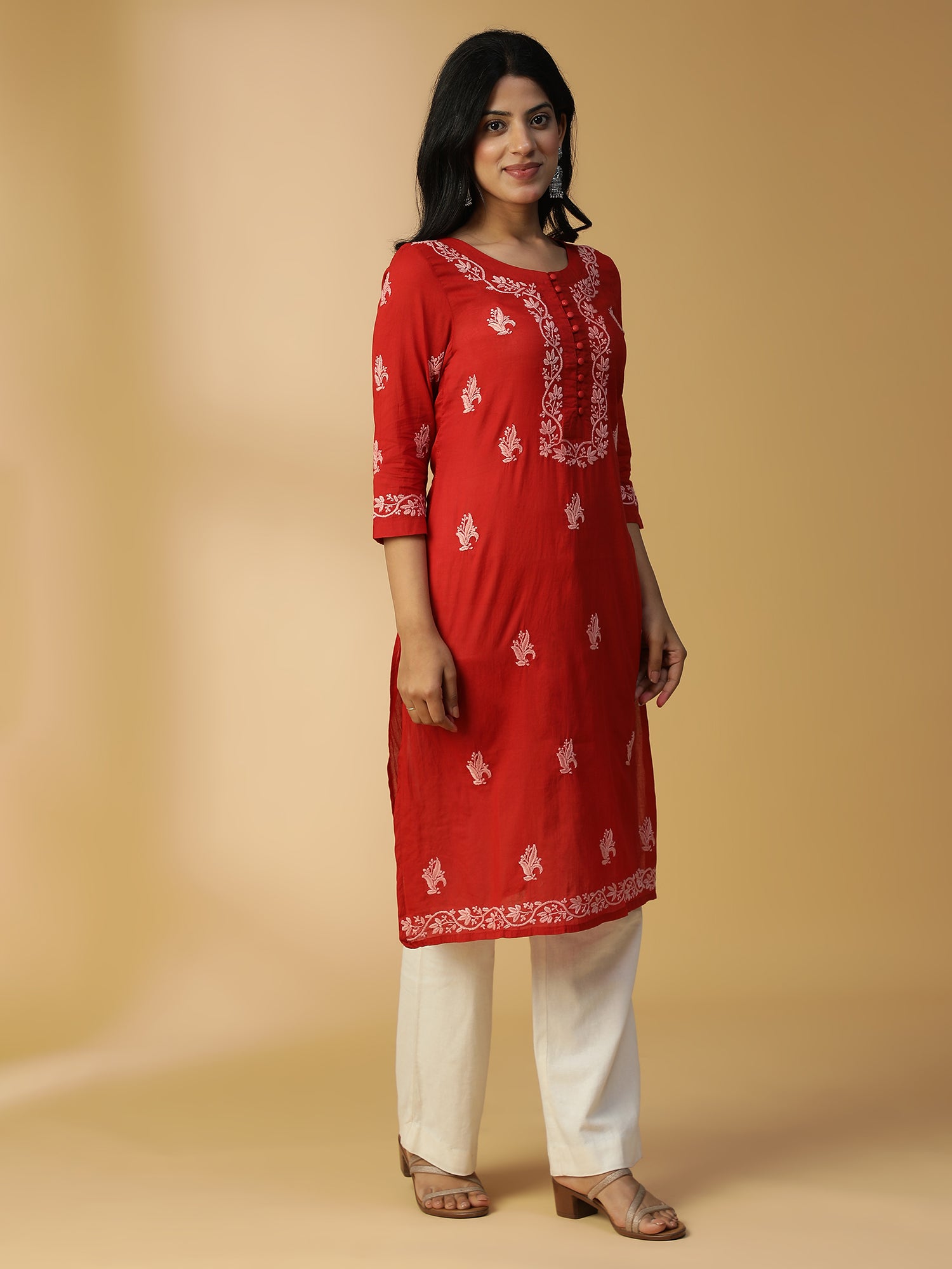 Hand Embroidered Lucknowi Chikankari Cotton Red Straight Kurta CH0002B