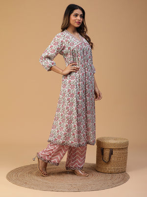 Hand Block Printed White A-line Kurta With Pants Set Blk_002