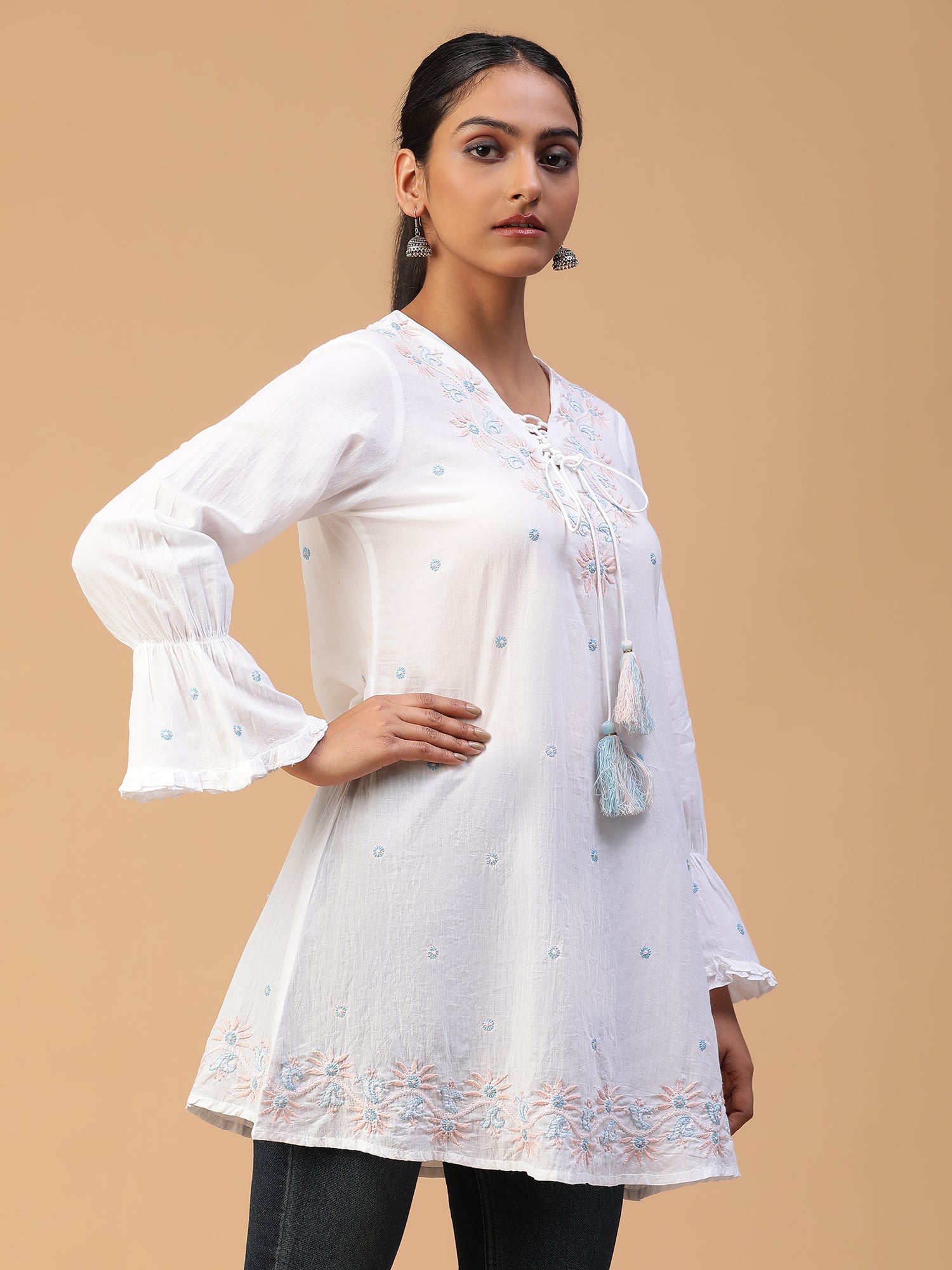 Chikankari Handloom Mulmul Cotton Top with Neck Dori Detailing