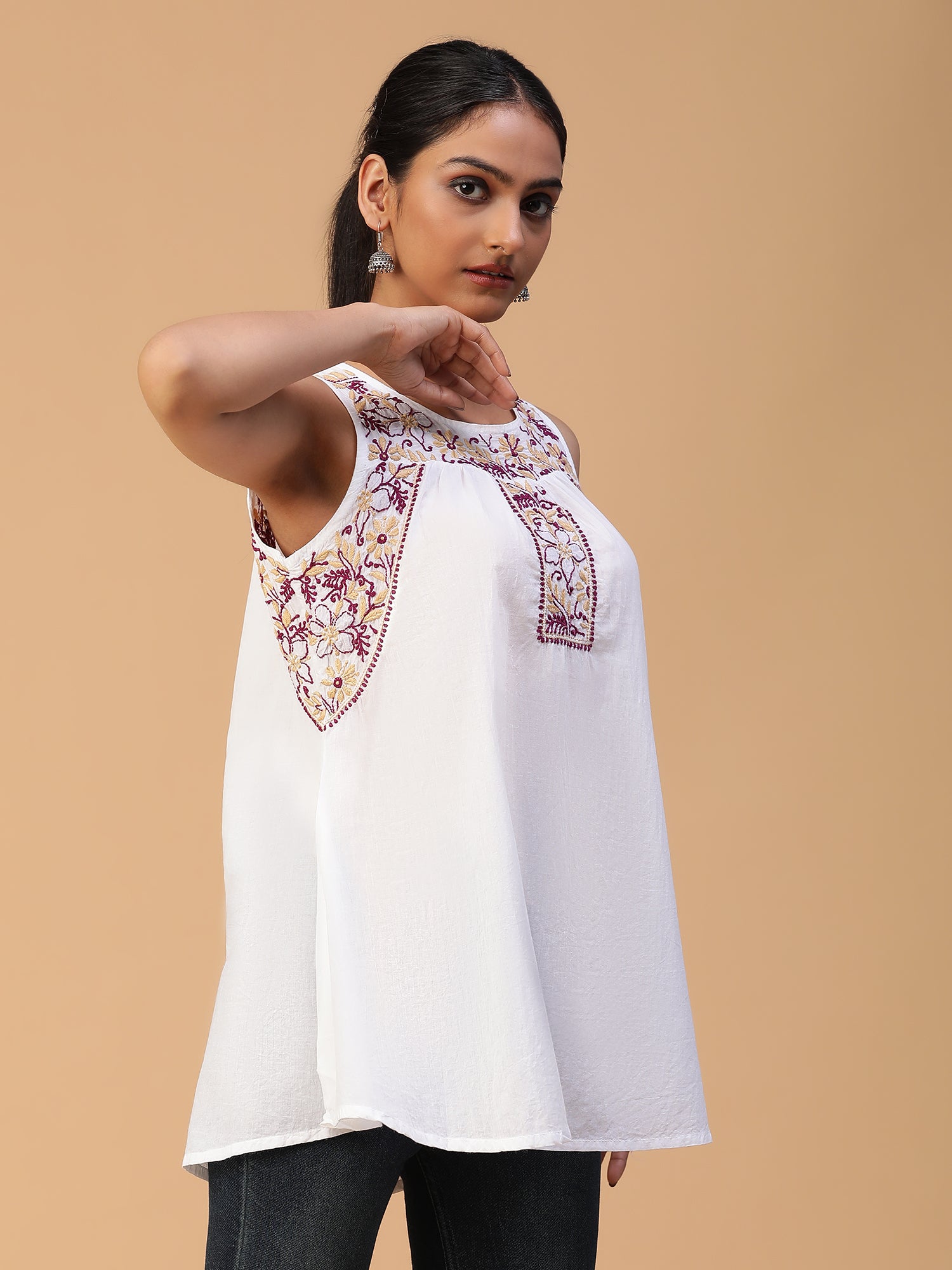 Effortless Chic: Chikankari Handloom Mulmul Cotton Sleeveless Top with Yoke Gather