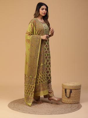 Hand Block Printed Olive Green Straight Kurta With Pants And Dupatta Set Blk_010