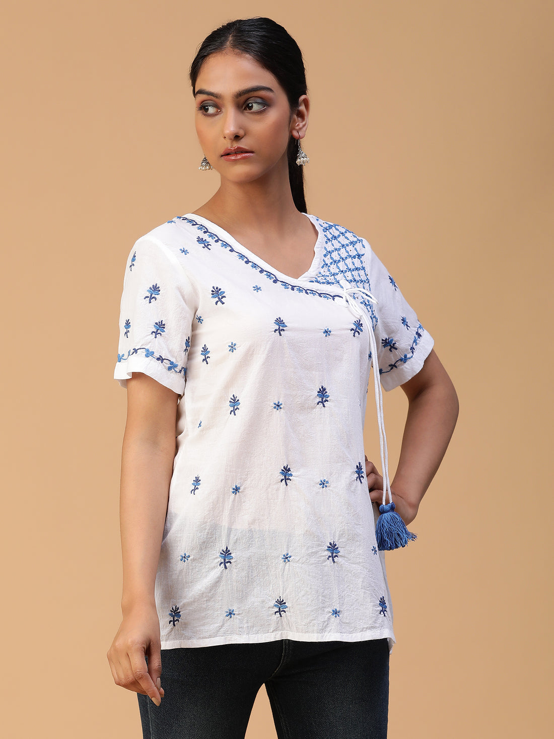 Chikankari Handloom Mulmul Top with Angrakha Neckline