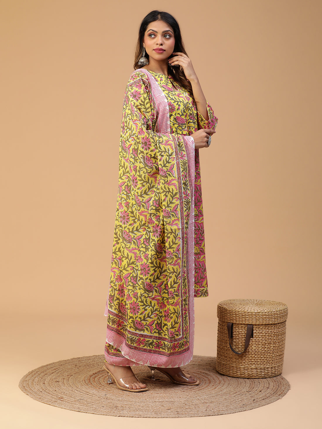 Hand Block Printed Pink A-line Yoke Kurta With Pants and Dupatta Set Blk_004