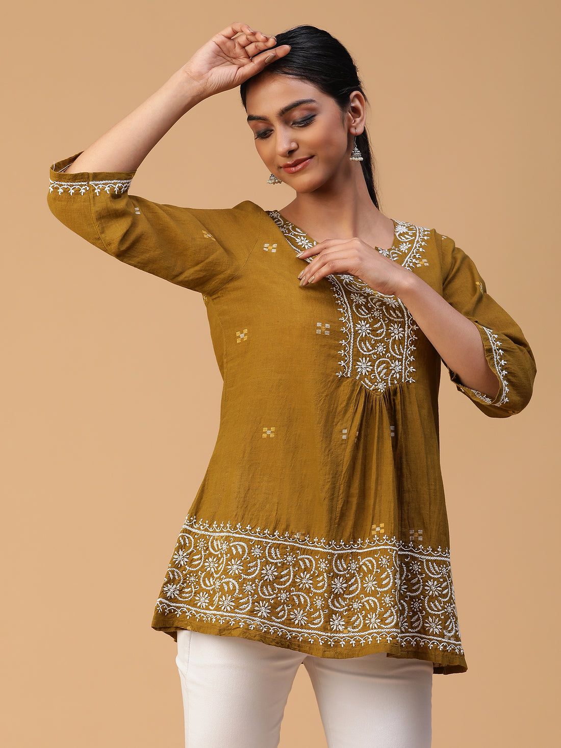 Semal Lucknow Chikankari Beige dream Handloom Jamdani Top