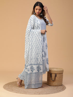 Hand Block Printed White A-line Gathered Kurta With Pants and Dupatta Set Blk_005