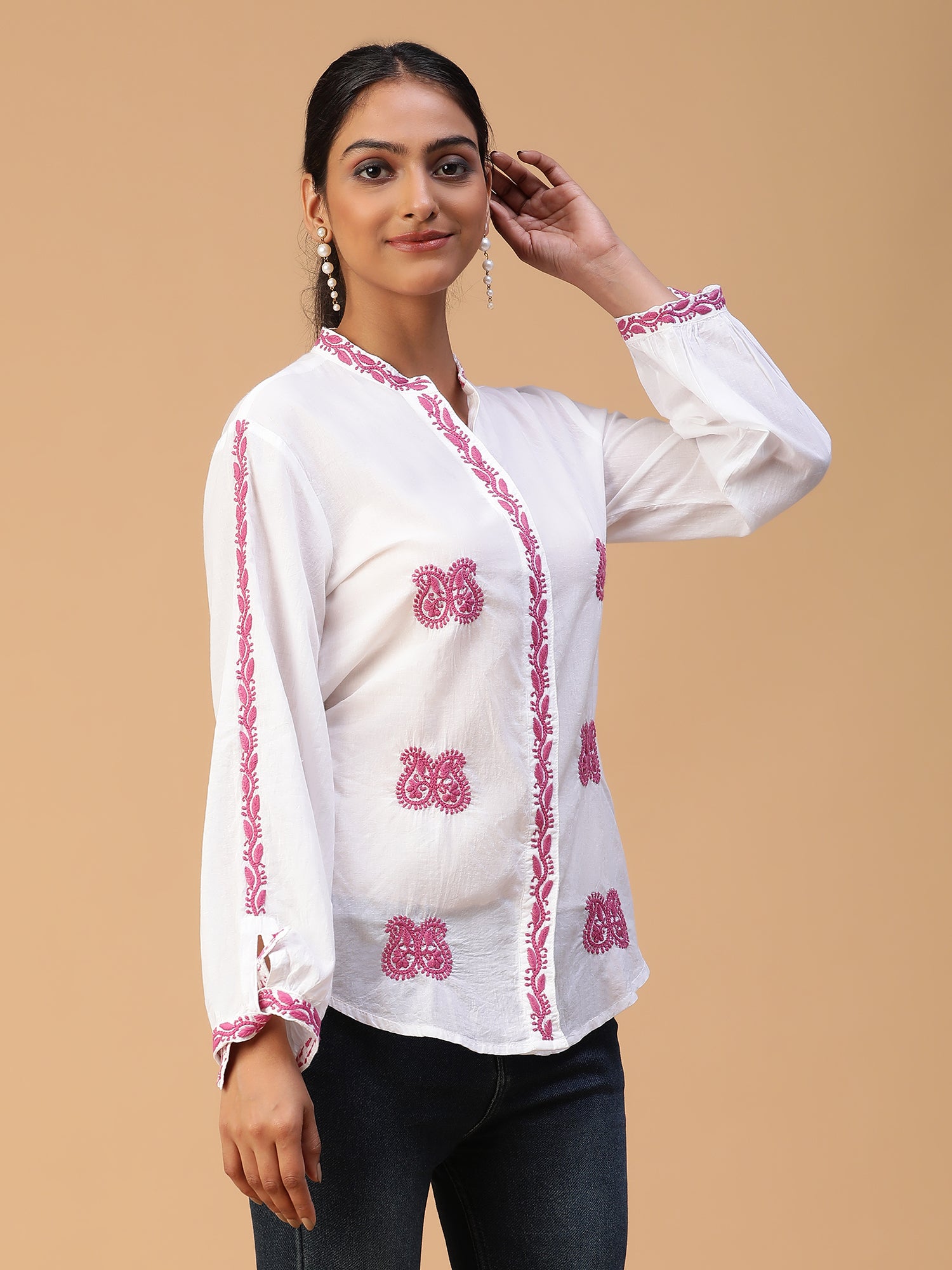 Chikankari Handloom Mulmul Cotton Shirt with Cuff Sleeves