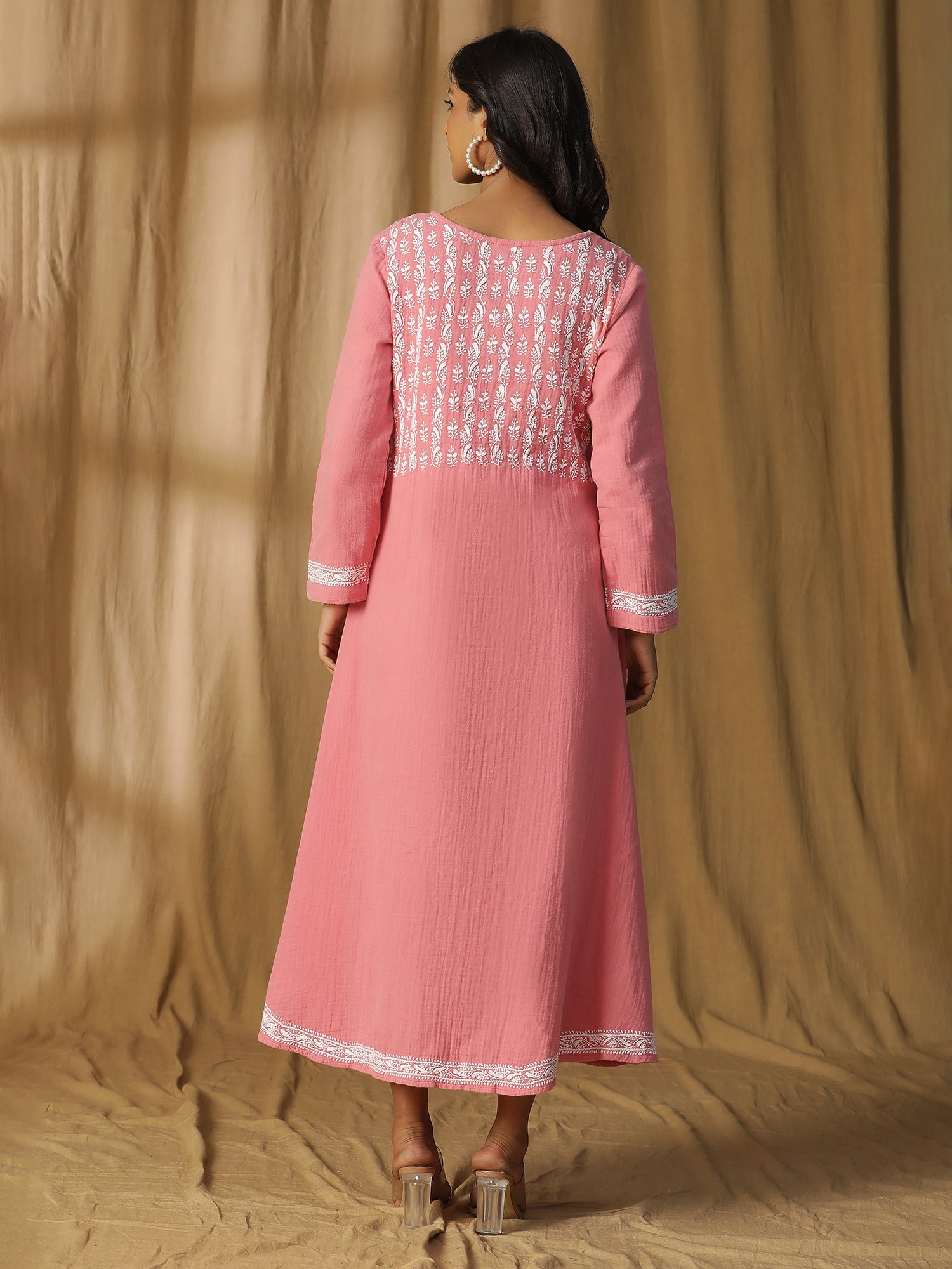 Soft Petal Elegance Chikankari Cotton Long Dress in Dusky Pink