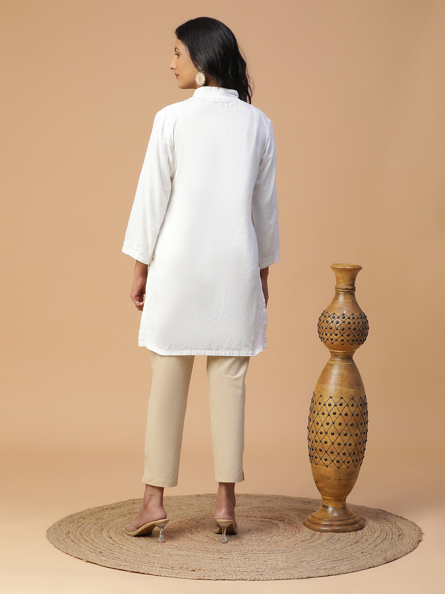 Chikankari cotton linen long shirt kurta with mukaish work