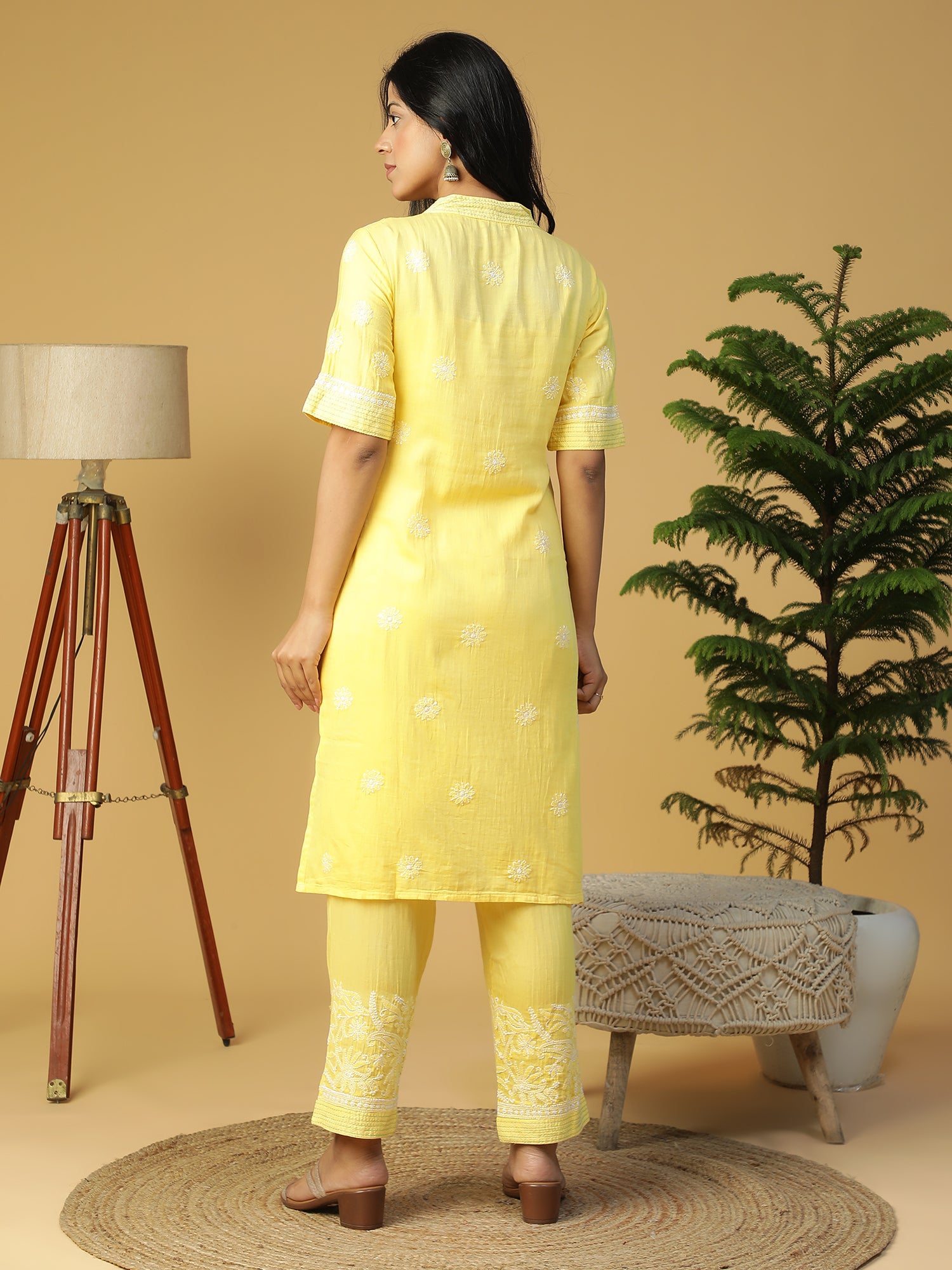 Hand Embroidered Lucknowi Chikankari Yellow Cotton V-Neck Straight Kurta With Elbow Sleeves CH0141B