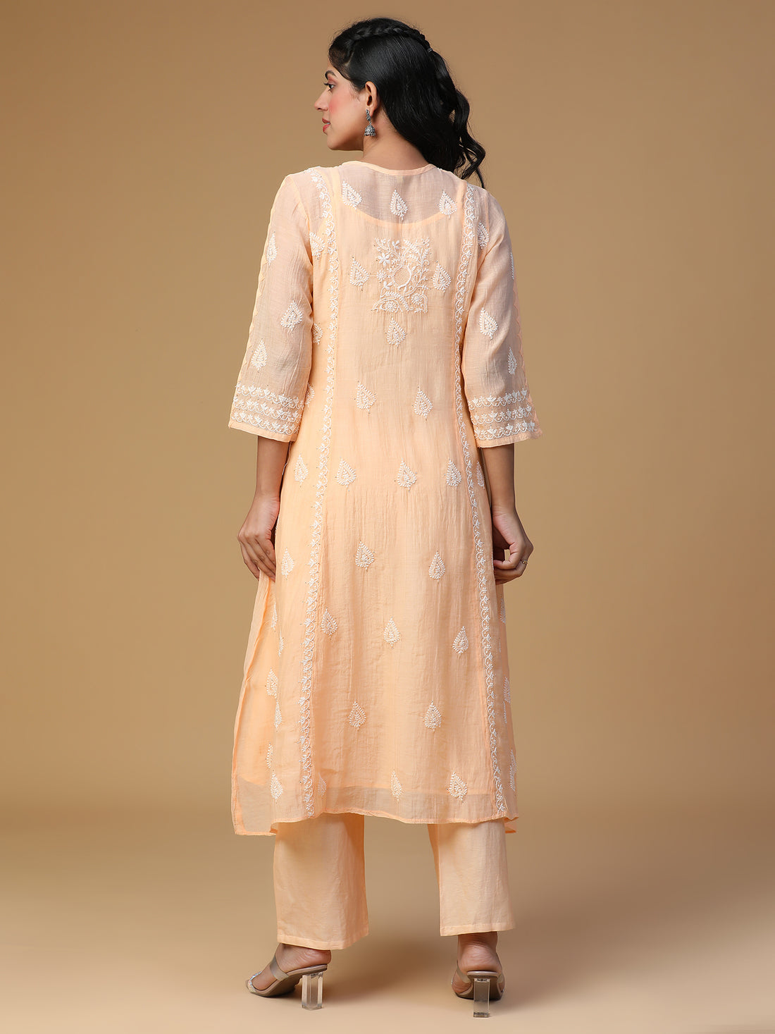 Semal Hand Embroidered Peach Glow Festive Mul Chanderi Chikankari Kurta Set